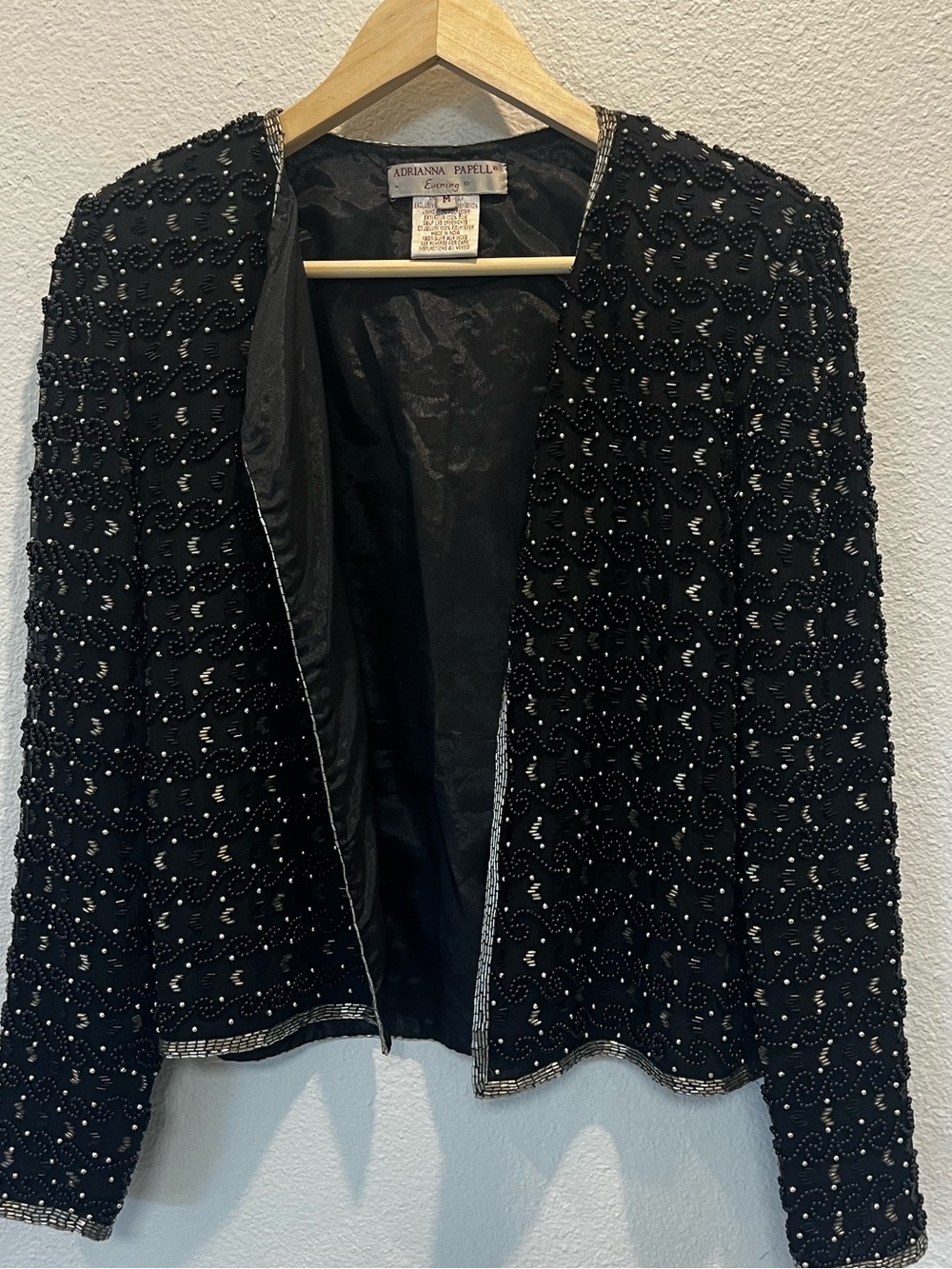 Adrianna Papell Black Beaded Open-Front Evening Jacket silk